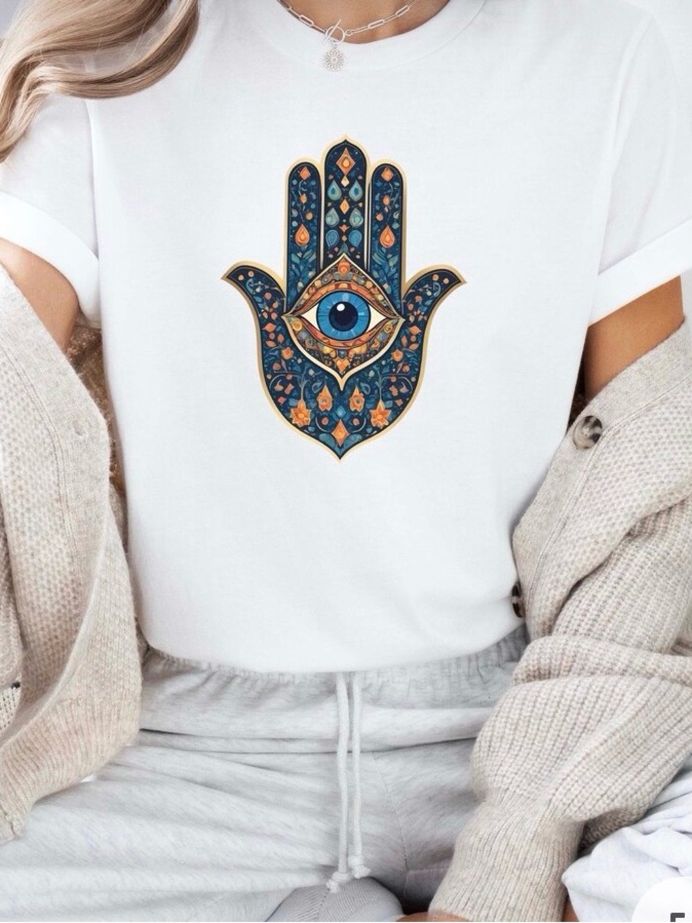 SHEIN White Short Sleeve Tee with Hamsa Eye Graphic
